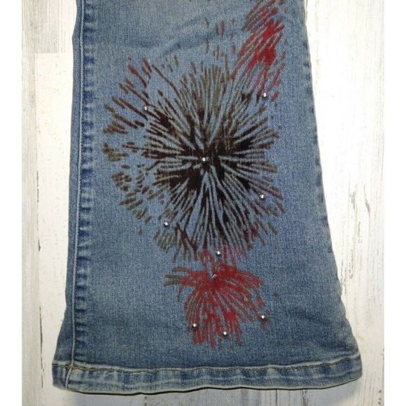Joe Boxer Women's Blue Jeans Flare Denim Floral Embellished Zip Fly Size 9 32x32 - Picture 3 of 8